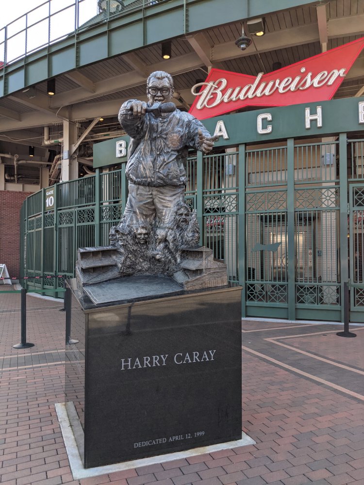 Statue of Harry Caray outside the bleachers at Wrigley Field. Let me hear  'ya
